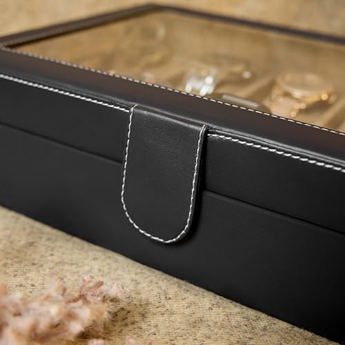 Image of Leather World Faux Leather Watch Box Organizer For Men & Women - Wrist Watch Box Holder 10 Slots - Removable Pillows Display Case - Gift for Loved Ones - Black