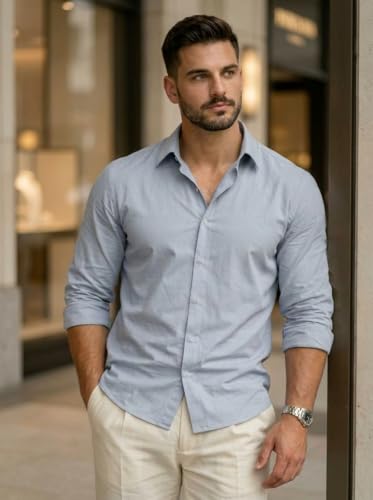 Image of IndoPrimo Men's Cotton Shirt with Stylish Full Sleeves Spread Collared Neck Solid Pattern Western Style Classic Fit and Standard Length | Casual Shirt for Man