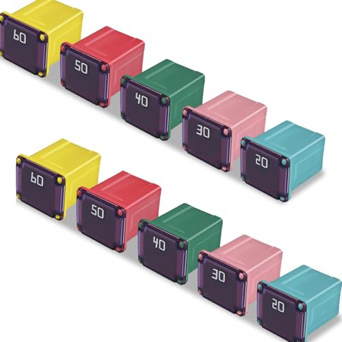 QQWD 10PCS Car Fuses Assortment Kit, Low Profile Box Mini Shaped Multi-Specification Plug-in Fuses Automotive Kit(20A, 30A, 40A, 50A, 60A), Overload Protection Fit for Nissan Pickup, Ford, Chevrolet
