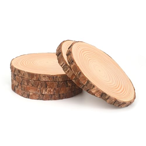 OPULANE Wood Slices for Centerpieces 6 Pcs 9-10 Inch Natural Unfinished Wood Crafts Tray w/Tree Bark Round Wooden Discs Large Wood Slabs for Rustic Wedding Table Decorations Baby Shower Home Decor