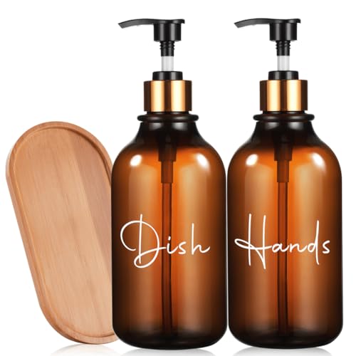 Dosificador Jabon Cocina y Dispensador Jabon Baño - Set de 2 Botes para Platos y Manos - Dispensador Jabon Cocina con Bandeja de bambú de 500ML Color Marron y toques Dorados