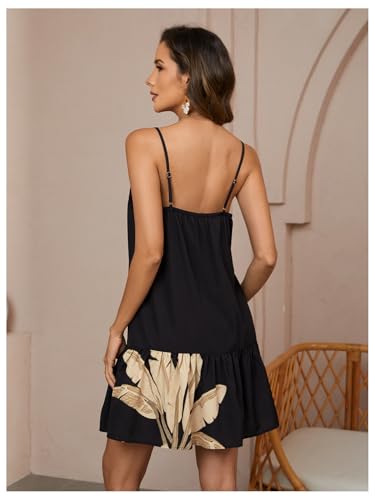 Image of RoseSeek Women's Floral Boho Flowy Mini Cami Dress Ruffle Hem Spaghetti Strap Vacation Tank Dresses