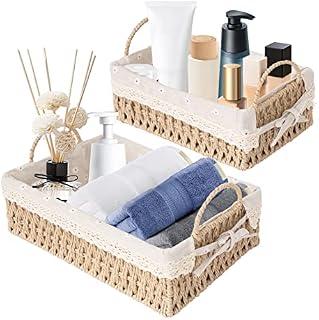 2 Pack Wicker Storage Baskets for Shelves, JC-Houser Wicker Baskets for Hampers, Wicker Baskets with Handle Decorative Organizing Nesting Baskets for Bedroom Closet Nursery Livingroom Countertop