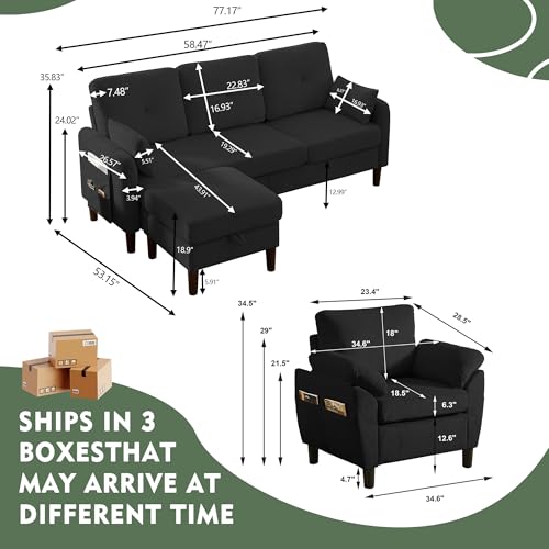 Image of 3 Pieces Sofa Set for Living Room with Sofa, Storage Ottoman and Single Chair