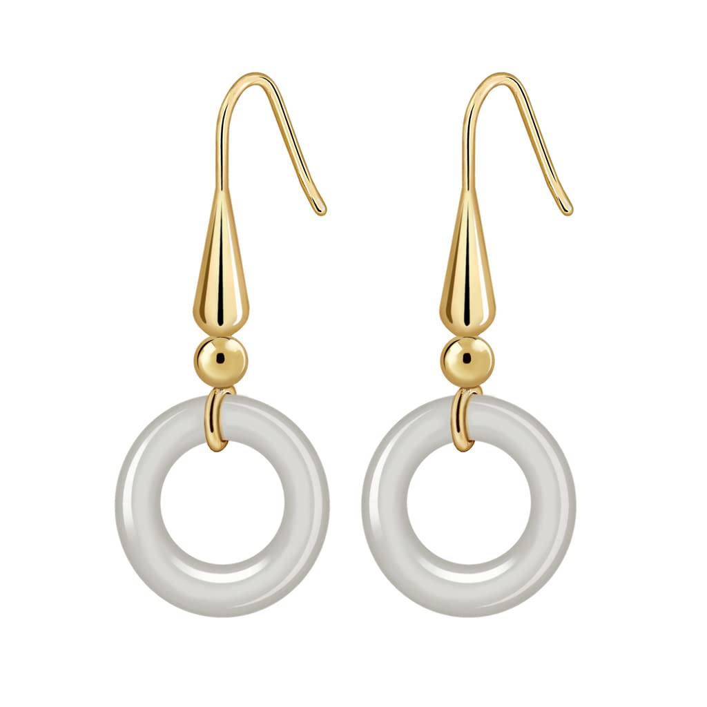 Pendientes de Aro y Piedra de Ágata para Mujer Chapados en Oro de 18K- Diseño Artesanal (Medida aprox. 4 cm de largo. Piedra de ágata blanca en forma de aro de 16 mm)
