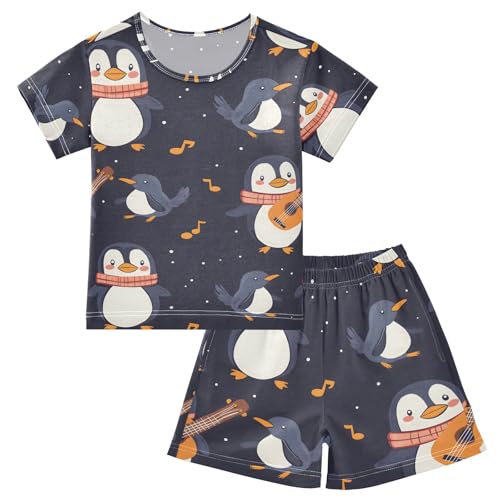 ALAZA Penguin Guitar Music Note Pajamas Set Short Sleeve Cotton Sleepwear Summer Pjs 2 Piece 5-14Y