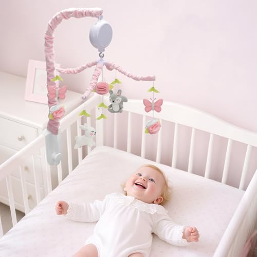Baby Crib Mobile for Girls, Soft Knitted Woodland Characters Rabbit Squirrel, Pink and White Nursery Decor, Calming Soother with 12 Lullabies Essential and Perfect Gift for Girls - Image 3