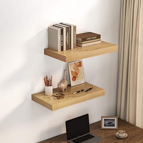 Image of Dreamland 24 inch Floating Shelves for Wall, 12 inch Deep Thicker Oak Floating Shelves, Wall-Mounted Shelves for Bedroom, Living Room, Kitchen, Bathroom - Set of 2