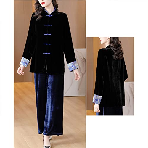 Women Chinese Velvet Tang Suit Hanfu Jacket Embroidery Chinese Traditional Clothing, Vintage Oriental Cotton Coat Black-L3