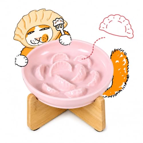 Bol repas lent céramique chat 6,2po rose avec support anti-vomissements