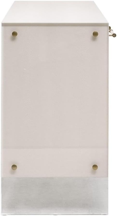 Pemberly Row 67" Faux Shagreen Resin Media Sideboard, Pearl White Finish, Geometric Door Fronts, Clear Acrylic Legs, Brass Accents, Adjustable Shelves, Cord Management, Modern Buffet for Living Room