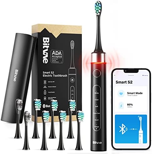 Bitvae Bluetooth Electric Toothbrush with Pressure Sensor, ADA Accepted, Ultrasonic Toothbrush with 8 Brush Heads, 5 Modes, 4 Hr Charge Last 100 Days, Power Rechargeable Toothbrush, Soft Bristle