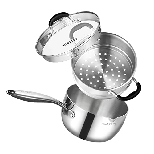 Comparison: Best Stainless Steel Saucepan With Strainer Lid 8 SLOTTET 3.5 Quart Stainless Steel Saucepan with Steamer, Tri-Ply Full Body Small Multipurpose Pot with Pour Spout,Strainer Glass Lid, 3 Qt Sauce Pan for Cooking with Stay-cool Handle.
