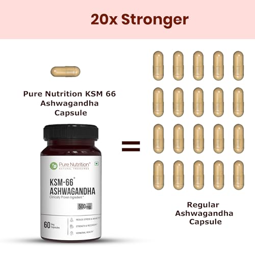 Image of Pure Nutrition Ashwagandha KSM66 (500mg) - 60 Capsules | Ashwagandha Supplement for Men & Women | Clinically Studied Root Extract | Supports Stress Relief, Energy, Stamina & Recovery