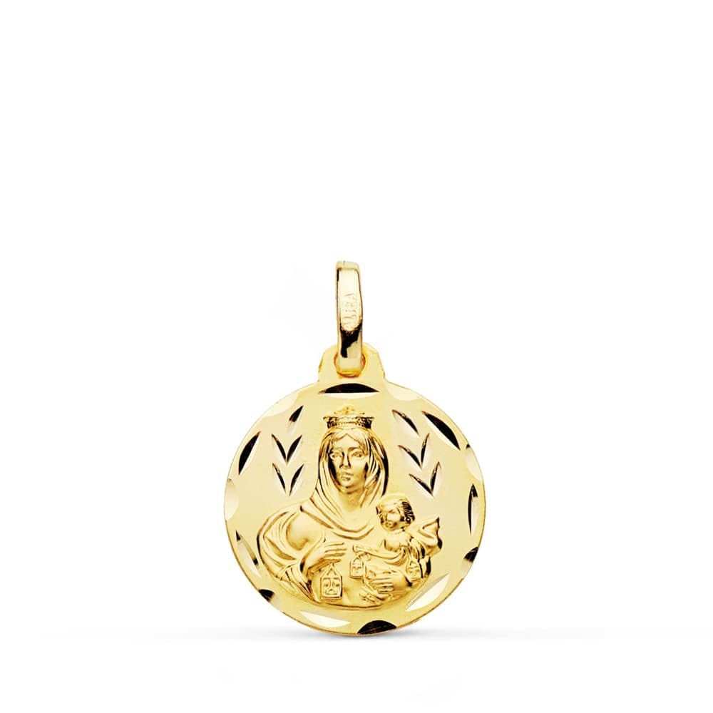 Medalla Escapulario Oro Ley 18K - Tallado Brillo - Virgen del Carmen y Corazon de Jesus - Tamaño a elegir