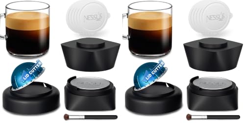 Image of NESSUS Refill Kit for Reusable Nespresso Vertuo Pods, Lid Quick Opener for Original Seal, 50PCS Aluminum Foil Lids, Tamp & Press Refillable Vertuo Capsules Holder and Brush (Pack of 2)
