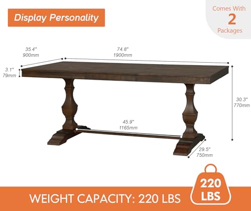 WAMPAT 74.8-inch Long Vintage Farmhouse Dining Table for 6-8 People - Image 2