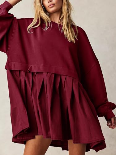 Image of Dokuritu Sweatshirt Dress Women Crew Neck Long Sleeve Patchwork Pullover Tops Flowy Oversized Sweatshirt Mini Dress