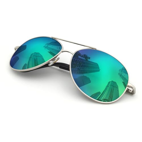 J+S Premium Military Style Classic Aviator Sunglasses, Polarized, 100% UV protection for Men Women (Large Frame - Silver Frame/Green Mirror Lens)