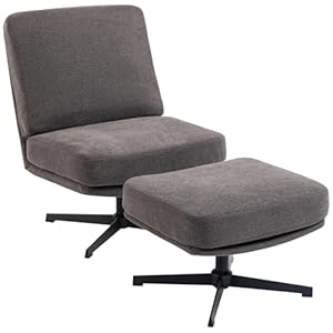 HOMCOM Sessel mit Hocker Drehbar Loungesessel mit Leinenoptik, Dicker Breiter Sitz, Moderner Relaxsessel, Schneidersitz Polstersessel für Wohnzimmer, Schlafzimmer, Dunkelgrau