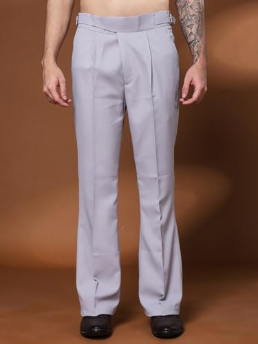 Image of Mens Beige Gurkha Pants with Classic Buckle Closure Premium Casual Bell Bottom Trousers for Men High Waist Pleated Formal & Casual Wear Pant Stylish Retro Flared Bottom Pant