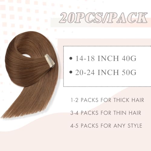 Image of Tape in Hair Extensions Human Hair for Women 20pcs 18 Inches Hair Extensions Real Human Hair Tape Ins Invisible Human Hair Tape in Extensions Skin Weft Medium Brown (6#,18 Inch)