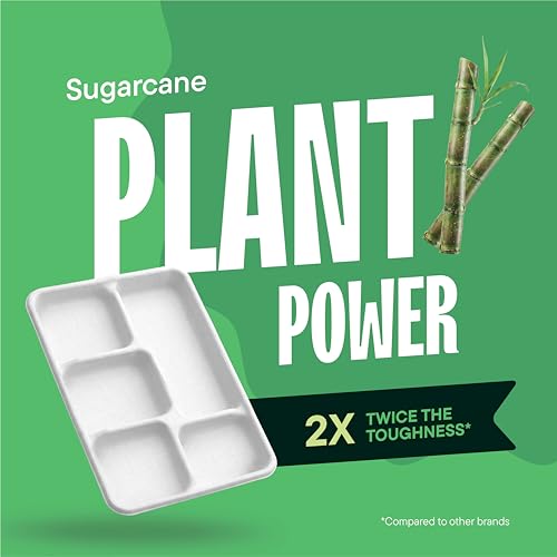 100% Compostable Paper Plate 125-Pack 5-Compartment Bagasse School Lunch Tray, Heavy Duty Quality Disposable Tray, Eco-Friendly Made of Sugar Cane Fibers