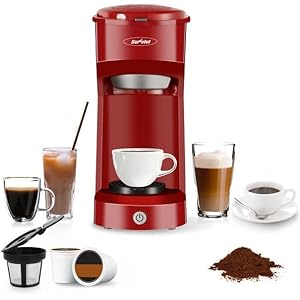 Sunvivi Coffee Maker, Single Serve Brewer for Single Cup, With Permanent Filter, 6oz to 14oz Mug, One-touch Control Button with Illumination,Red (ETL Certified)