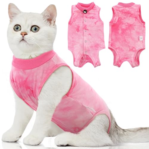 Image of SAWMONG Cat Surgery Recovery Suit,Breathable Cat Onesie After Surgery Spay Surgical,E-Collar Alternative Non-Lick Pet Body Suit Pink L