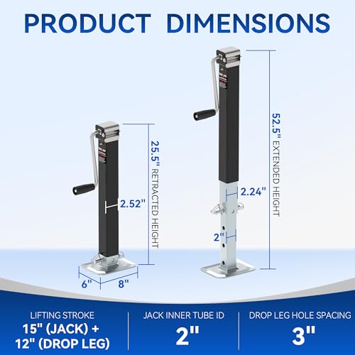 TOWKING 8000LBS Square Trailer Jack, 15" Lift, Heavy Duty Jack with Adjustable Drop Leg, Weld On for RV, Boat, and Utility Trailers by TOWKING - Image 6