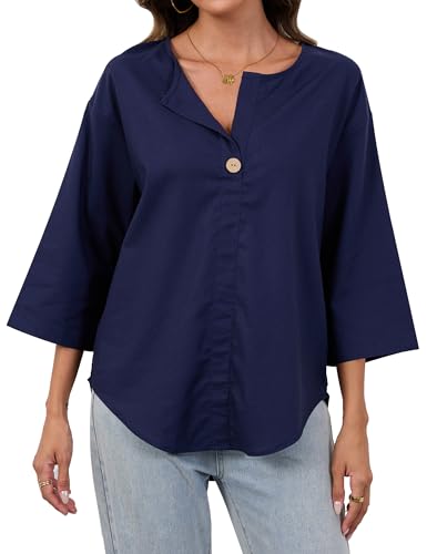 TERIVEEK Summer Linen Shirts for Women Button Down V Neck 3/4 Sleeve T-Shirt Blouse Casual Loose Basic Solid Tunic Tops 2026 Navy Blue