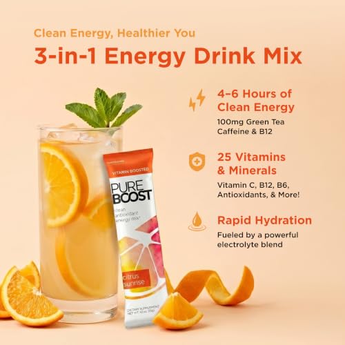 Image of Pureboost Sugar-Free Clean Energy Booster, Citrus Sunrise 10 Count, Refreshing Energy Drink Mix with B12 Vitamins, Electrolytes, Antioxidants, No Sucralose