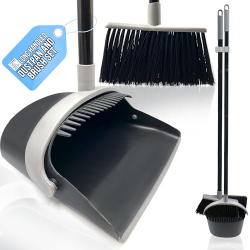 Long Handled Dustpan and Brush Set Lobby Dust Pan with Long Handle Sweeping Broom (Grey/Silver)
