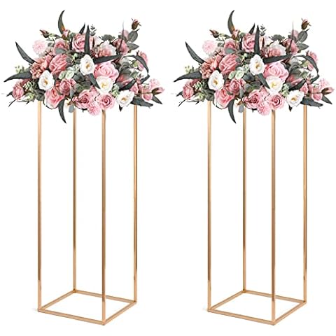Gold Wedding Flower Stands, Set of 2 Metal Vases Column Geometric Wedding Table Display Centerpieces 31½ inches Tall Floral Decoration Holders for Wedding Party Decor Cover