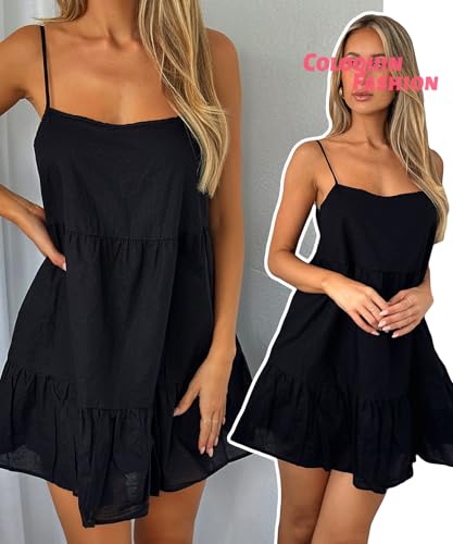 Women Spaghetti Strap Mini Dress Backless Sundress Flowy Swing Beach Going Out Short Dress Black S - Image 5