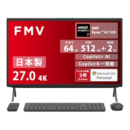 FMV �x�m�� �f�X�N�g�b�v�p�\�R�� ��̌^ ���{�� Copilot+ AI Desktop F WF3-L1 (MS 365 Personal/Copilot�L�[����/Win 11/27.0�^ 4K/AMD Ryzen AI 7/64GB/SSD 512