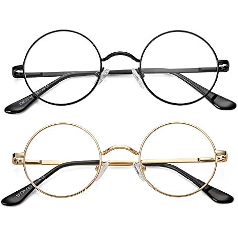 Braylenz 2 Pack Retro Small Round Glasses with Clear Lens, Unisex Style Hippie Eyeglasses Frame (Black + Gold) Cover