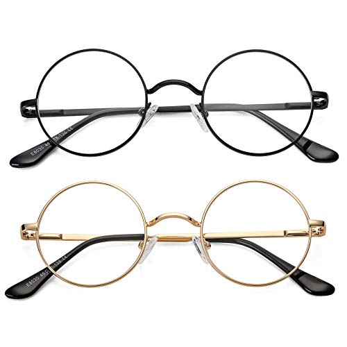 Image of Vintage Round Metal Glasses Frame with Clear Lens, 2 Pack Women Men Non-Prescription Eyeglasses