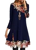 ORANDESIGNE Damen Langarm Minikleid Kariertes Kleid Geometrisch Rundhals A-Linie Tunika Herbstkleid Lose Kleider Pullover Kleid für Winter Herbst C Blau M