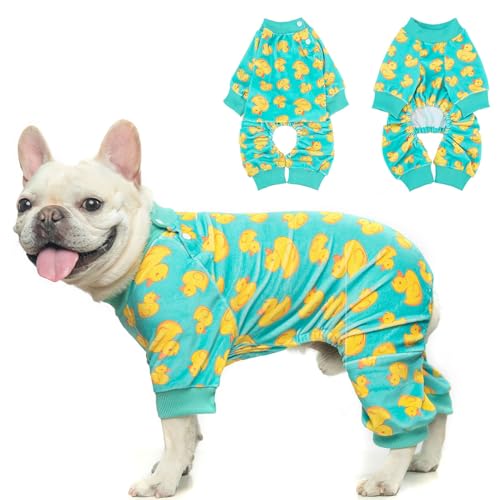 Image of BEAUTYZOO Dog Pajamas, Soft Stretchy Fleece Puppy Sweater for Medium Dogs | Velvet Jumpsuit for Girl Boy Puppies, Breathable Pet Pjs, Warm Jammies Onesies in Cold Weather, Duck, Green M
