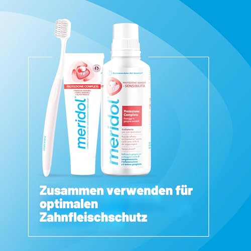 Meridol Antibakterielles Mundwasser, 400 ml, beruhigt gereiztes Zahnfleisch, schützt den Zahnschmelz, bekämpft Plaque-Bakterien, verhindert Zahnfleischbluten, 0% Alkohol