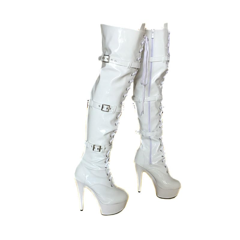denova's Women's Patent 6in Very High Heel Lace Up Platform Pole Dance Over-The-Knee Thigh High Boot with Zipper - Main Image