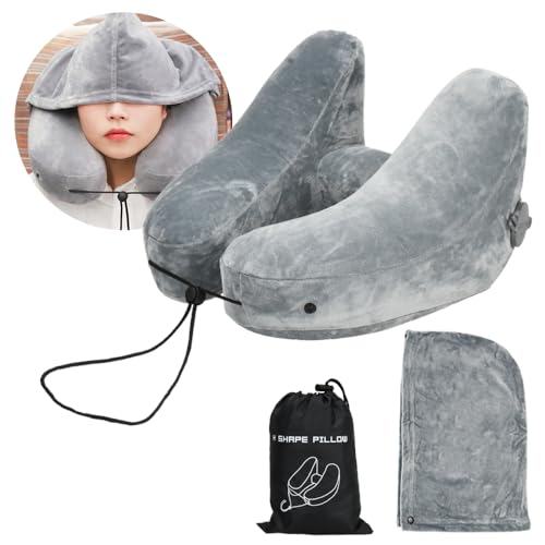 フード付きネックピロー H型 携帯枕 コンパクト 持ち歩き 仮眠用 トラベル (パールグレー)