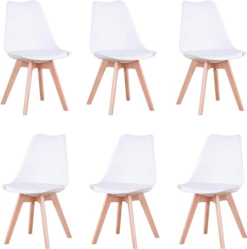 IZTOSS Chaise Salle a Manger Lot de 6,Chaise de Cuisine et de Bureau avec Coussin, Pieds en Bois, Confortable (MTY-001-Blanc)