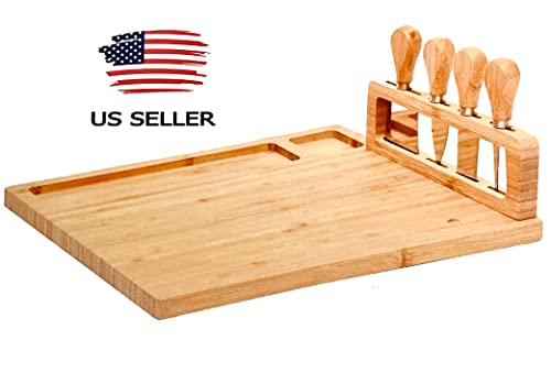 Made In Usa Square Cutting Board 14" X 11" Charcuterie Cheese Serving Bamboo Meat Tray Party Platter Entertainer Food Chef Table Thanksgiving Christmas New Years Holiday 4 Piece Cutlery Drawer #TOP1