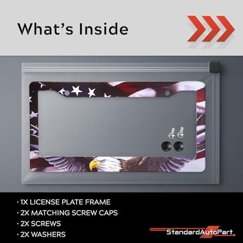 Image of StandardAutoPart American Flag License Plate Frames - Plastic USA Flag Car Tag Holder with Screws Caps and Patriotic Decals - Universal Fit (American Flag Eagle - 1 Pack)