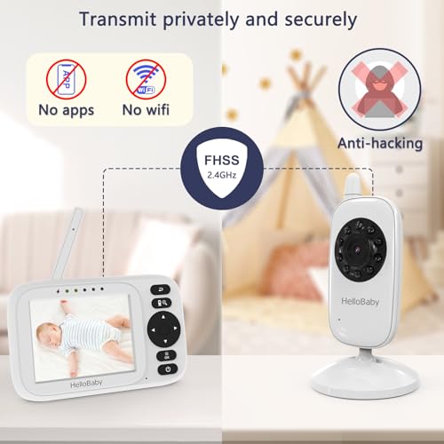 HelloBaby Baby Monitor No WiFi,Video Baby Monitor with Camera and Audio,3.2'' IPS Screen, Manual Baby Camera Adjustment, Night Vision, 1000ft/305m Range, ECO/VOX, Feeding Reminder, USB Charging Cable