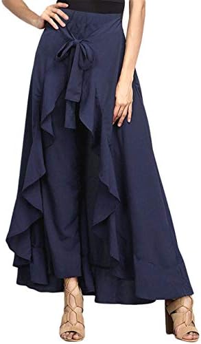 MAYFASEY Women's Casual Chiffon Tie-Waist High Slit Ruffle Palazzon Pant Overlay Maxi Skirt Navy M