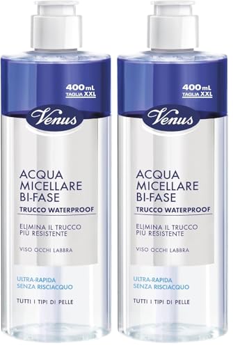 Venus, Acqua Micellare Bi-Fase, Struccante Waterproof Ultra-Rapido, Viso Occhi e Labbra, Assicura una Detersione Delicata e Lascia la Pelle Morbida dopo l'Utilizzo, Ideale su Occhi Sensibili, 400 ml