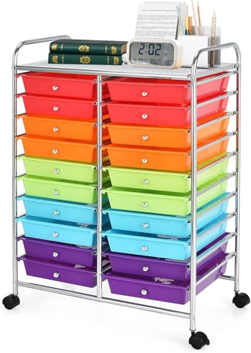 GOPLUS Carrito Auxiliar con 4 Ruedas, Carro de Servicios con 20 Cajones, 2 Ruedas con Frenos, Carro de Almacenamiento de Estructura Metálica para Cocina Oficina Baño (Multicolor)